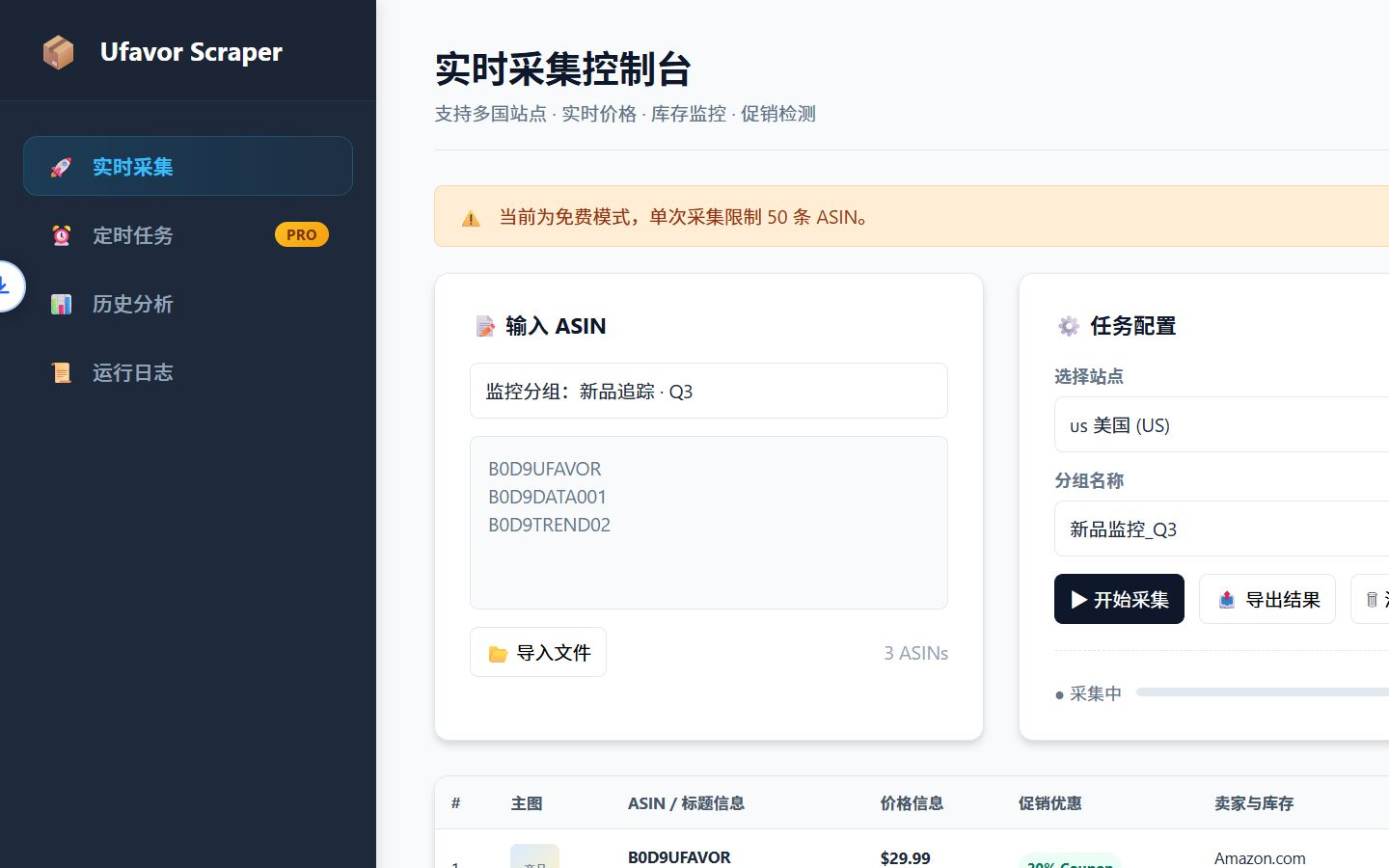 UFAVOR 实时采集控制台，左侧为功能导航，右侧为 ASIN 输入、任务配置和采集结果表
